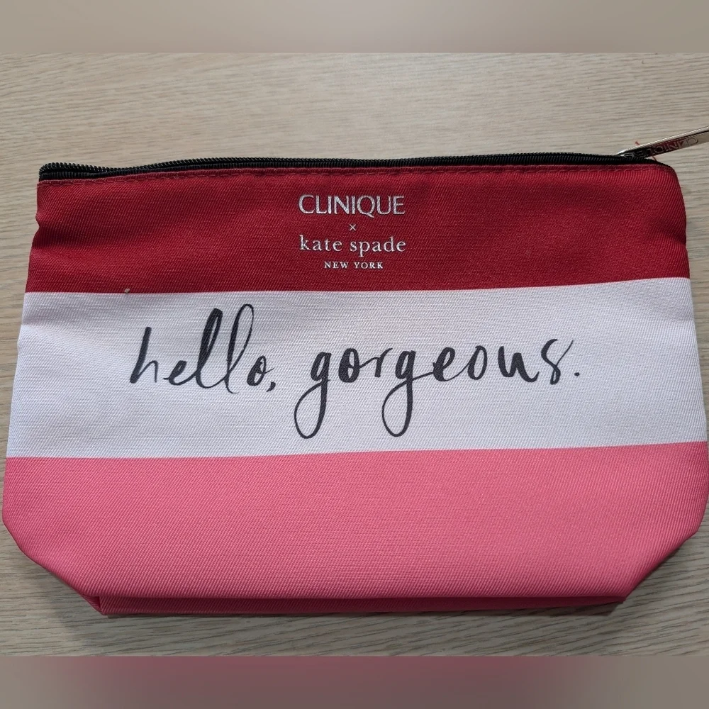 Clinique × Kate Spade 'hello gorgeous' Striped Makeup Bag Cosmetic Pouch NEW - Picture 1 of 6